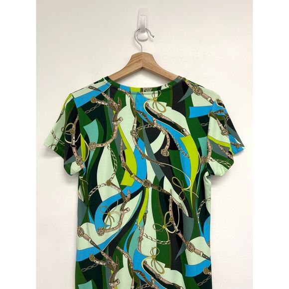 L’Agence Ressi Sea Green Equestrian Belt Swirl Colorful Print Luxury T-Shirt Med - Picture 5 of 11
